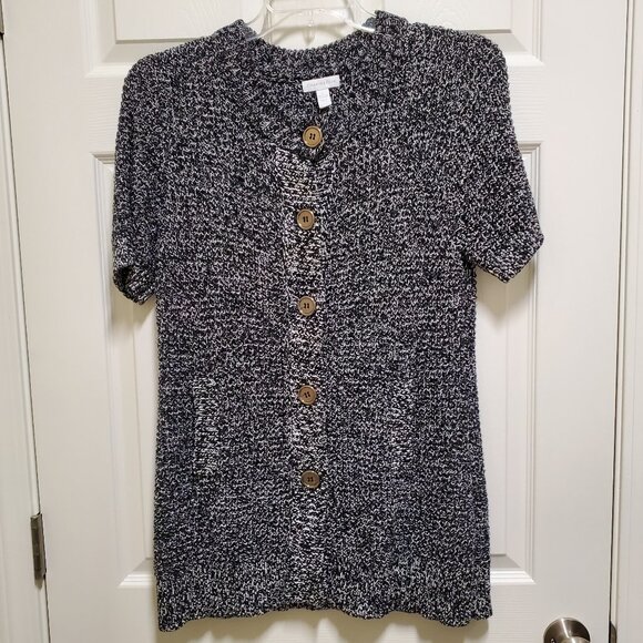 Mottled Weave Short Sleeved Button Sweater - Picture 1 of 2